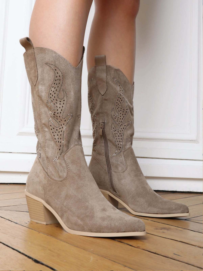 Santiags suédine taupe avec flammes en strass