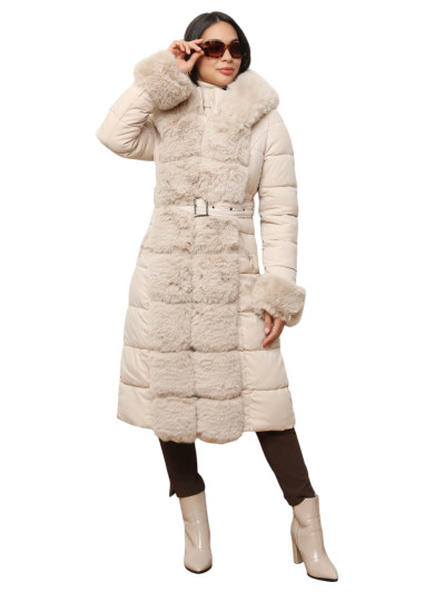 Doudoune matelassée beige à fausse fourrure