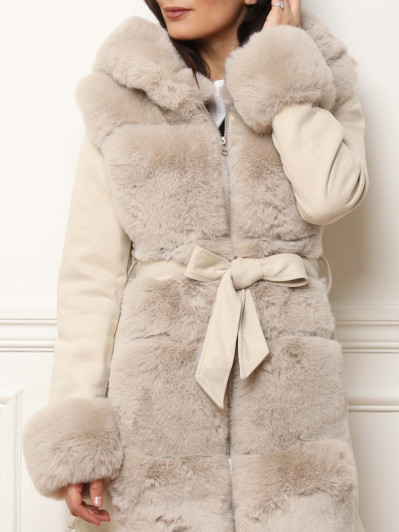 Manteau bi-matière beige ceinturé