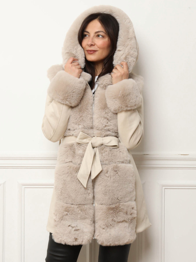 Manteau bi-matière beige ceinturé
