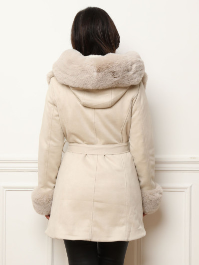 Manteau bi-matière beige ceinturé