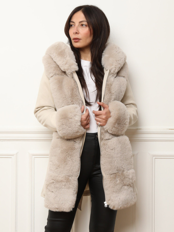 Manteau bi-matière beige ceinturé