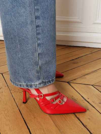 Escarpins slingback rouge vernis à talon fin