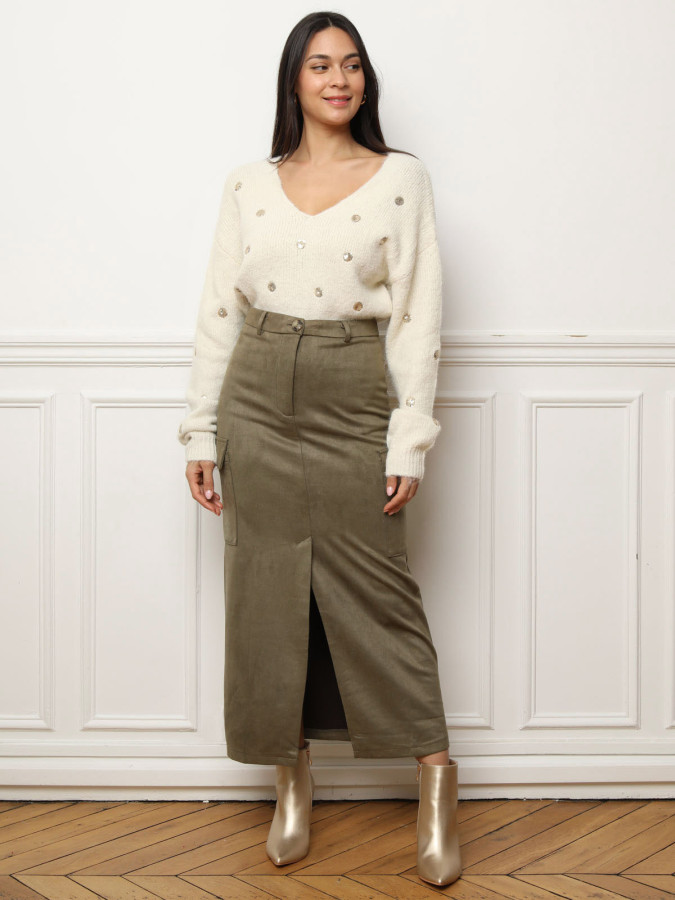 Pull col V beige en motifs sequins