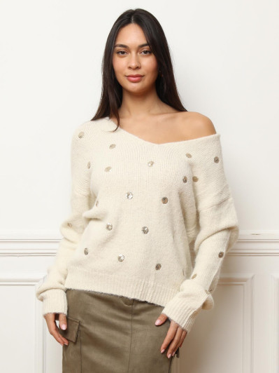 Pull col V beige en motifs sequins