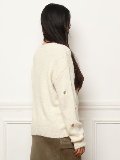 Pull col V beige en motifs sequins