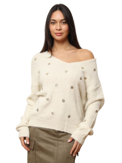 Pull col V beige en motifs sequins