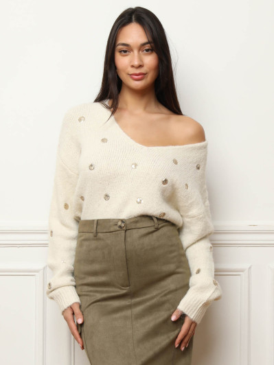 Pull col V beige en motifs sequins