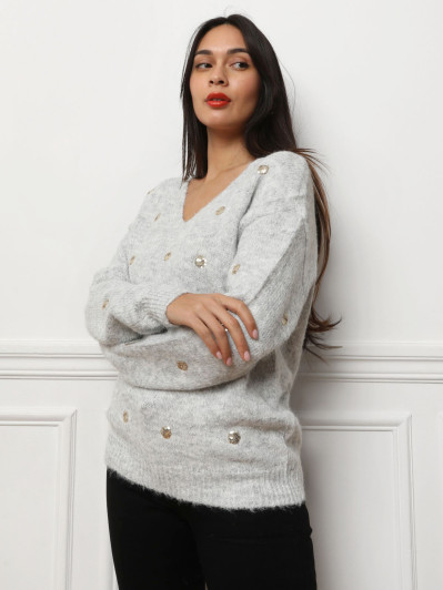 Pull col V gris clair en motifs sequins