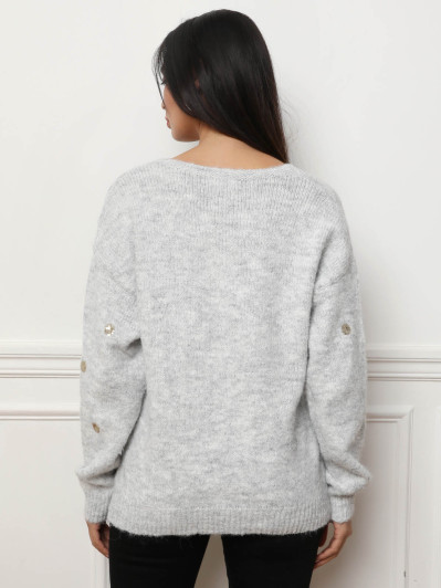 Pull col V gris clair en motifs sequins