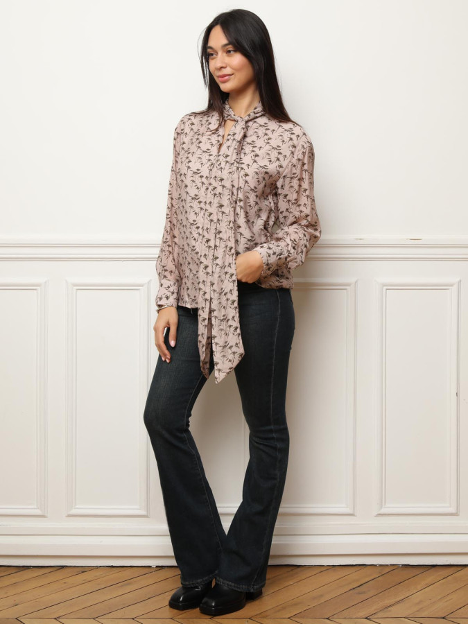 Chemisier lavallière à fleurs beige