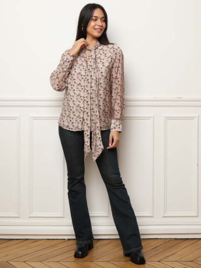 Chemisier lavallière à fleurs beige