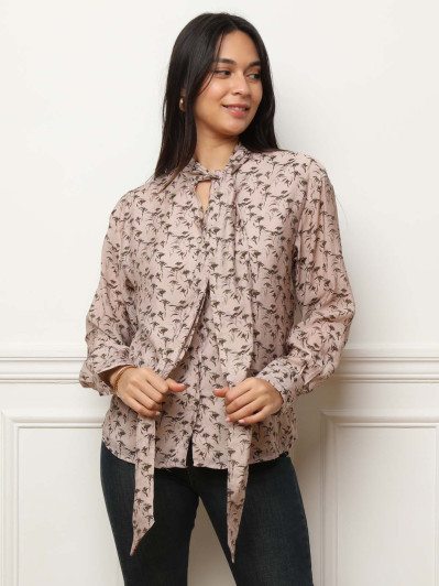 Chemisier lavallière à fleurs beige