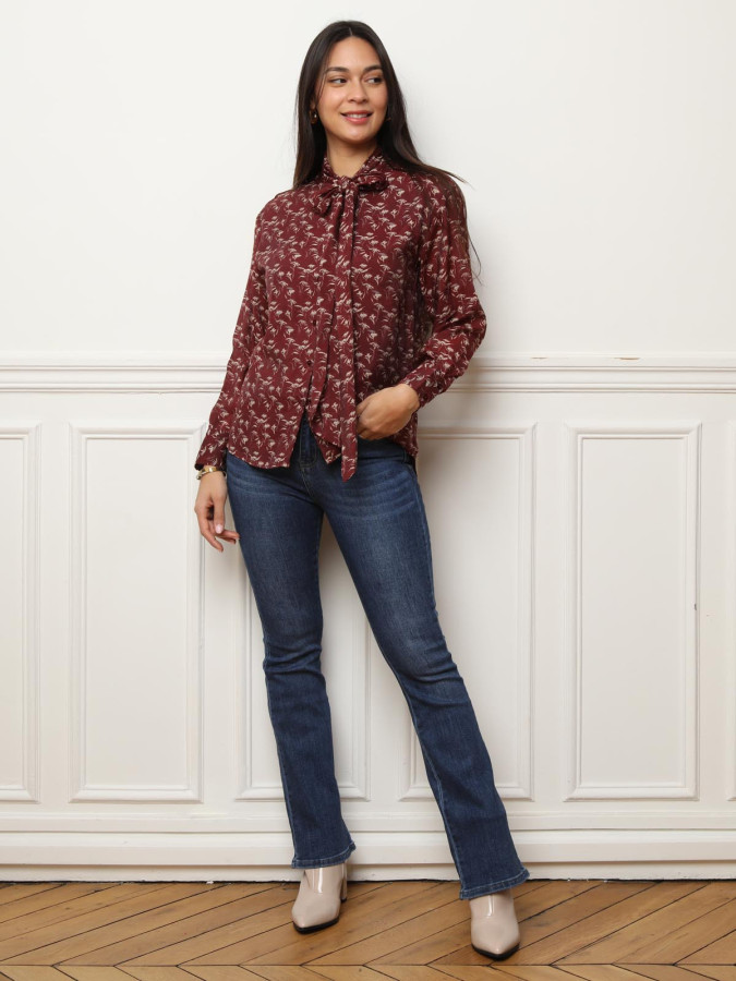 Chemisier lavallière à fleurs bordeaux