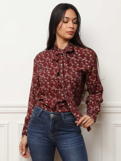 Chemisier lavallière à fleurs bordeaux