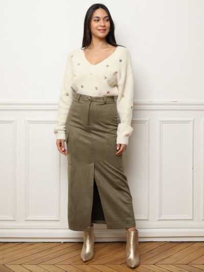 Jupe cargo mi-longue en suédine kaki