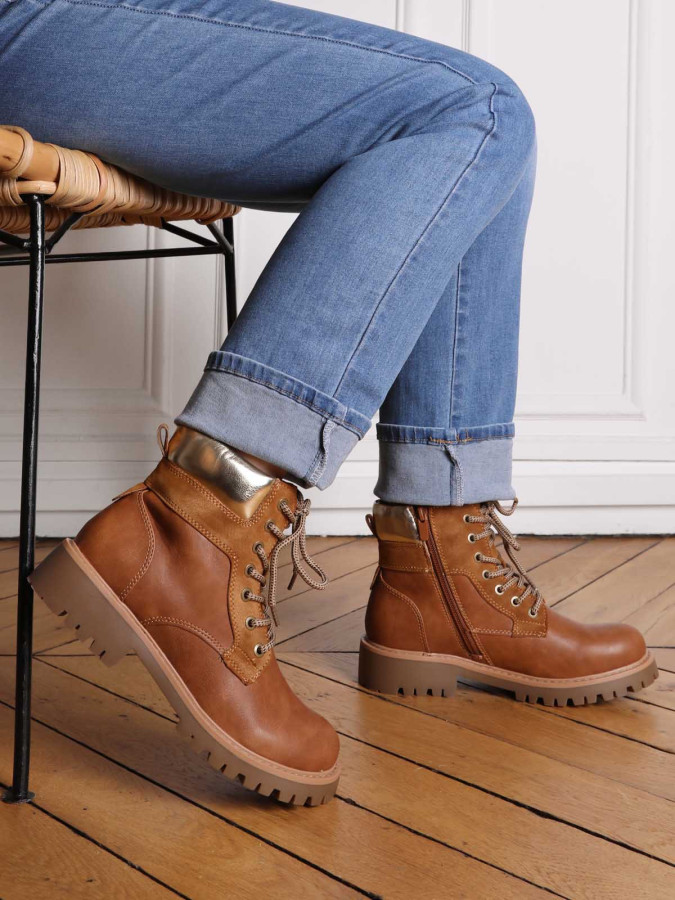 Rangers camel bi-matières fourrées