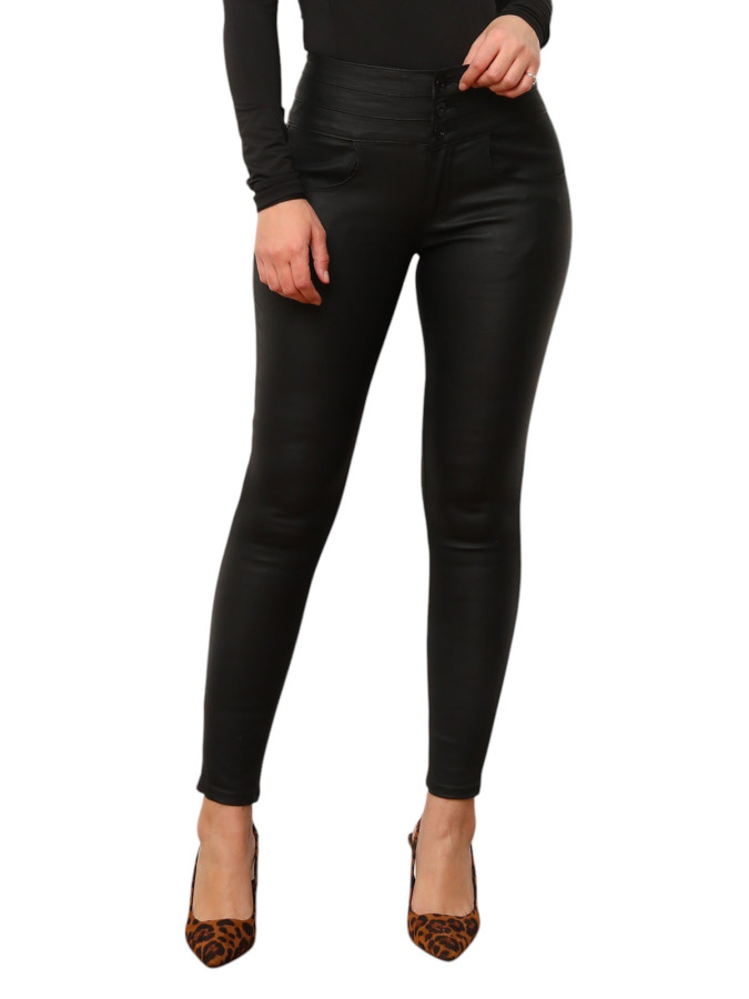 Pantalon slim enduit taille haute noir