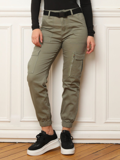 Pantalon cargo kaki à ceinture
