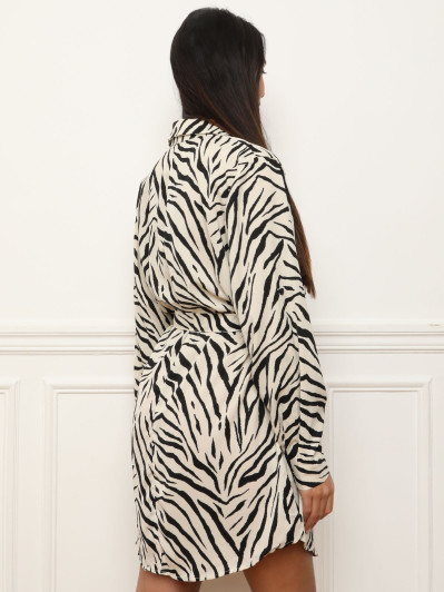 Robe chemise imprimée à ceinture beige