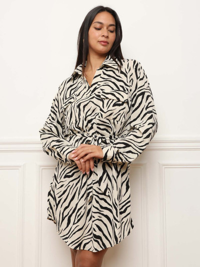 Robe chemise imprimée à ceinture beige