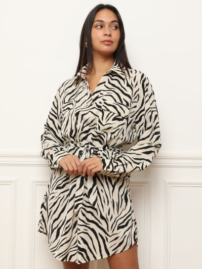 Robe chemise imprimée à ceinture beige