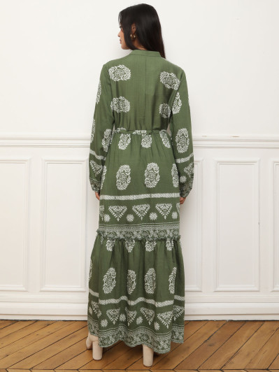 Robe longue imprimée à volants kaki