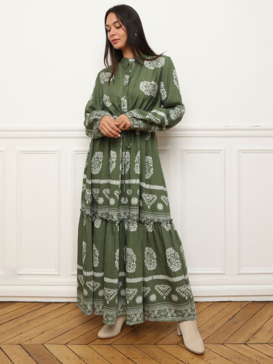 Robe longue imprimée à volants kaki