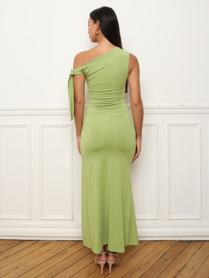 Robe asymétrique à fronces vert clair
