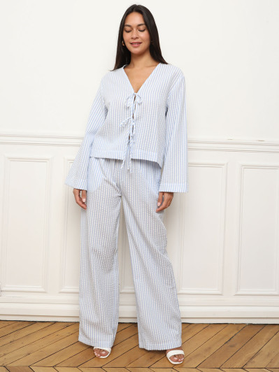 Pantalon ample à motif rayures bleu clair
