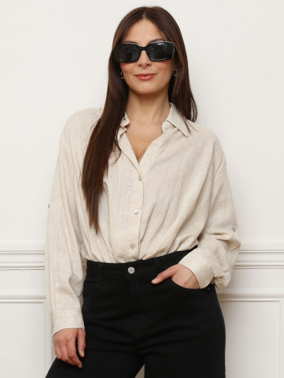 Chemise froncée en lin texturé beige