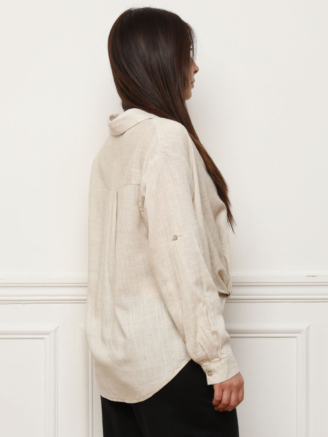 Chemise froncée en lin texturé beige