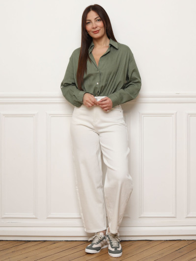 Chemise froncée en lin texturé kaki