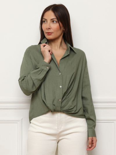 Chemise froncée en lin texturé kaki