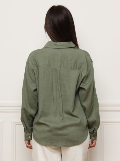 Chemise froncée en lin texturé kaki