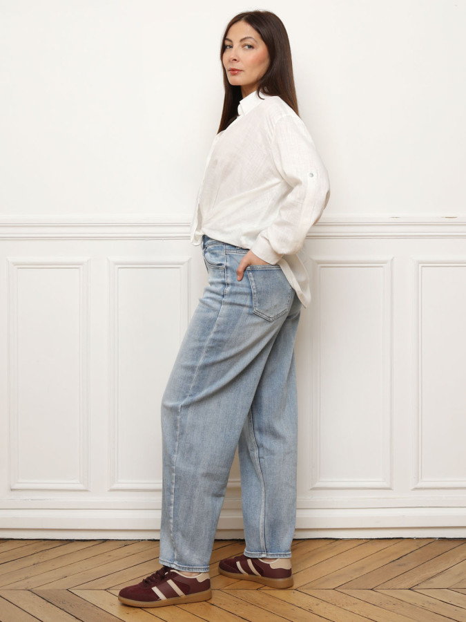 Chemise froncée en lin texturé blanche