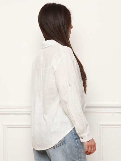 Chemise froncée en lin texturé blanche