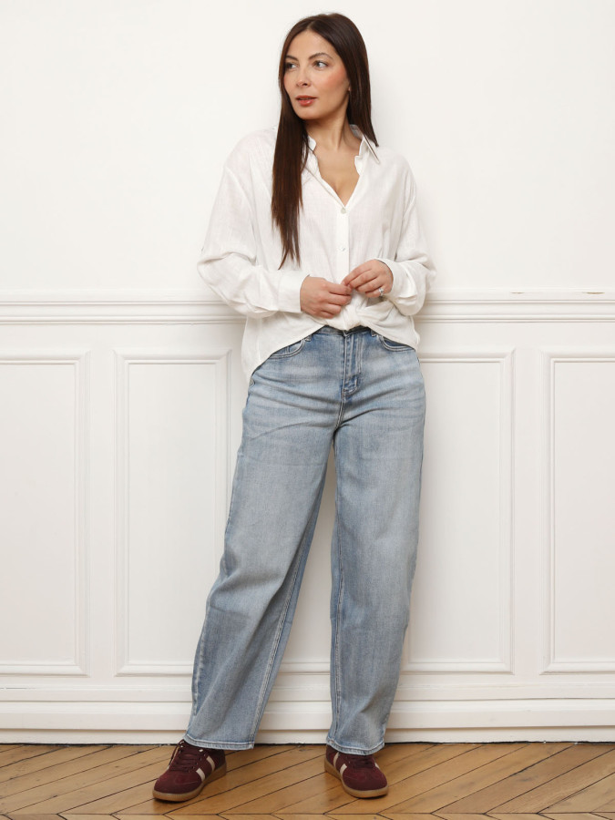 Chemise froncée en lin texturé blanche