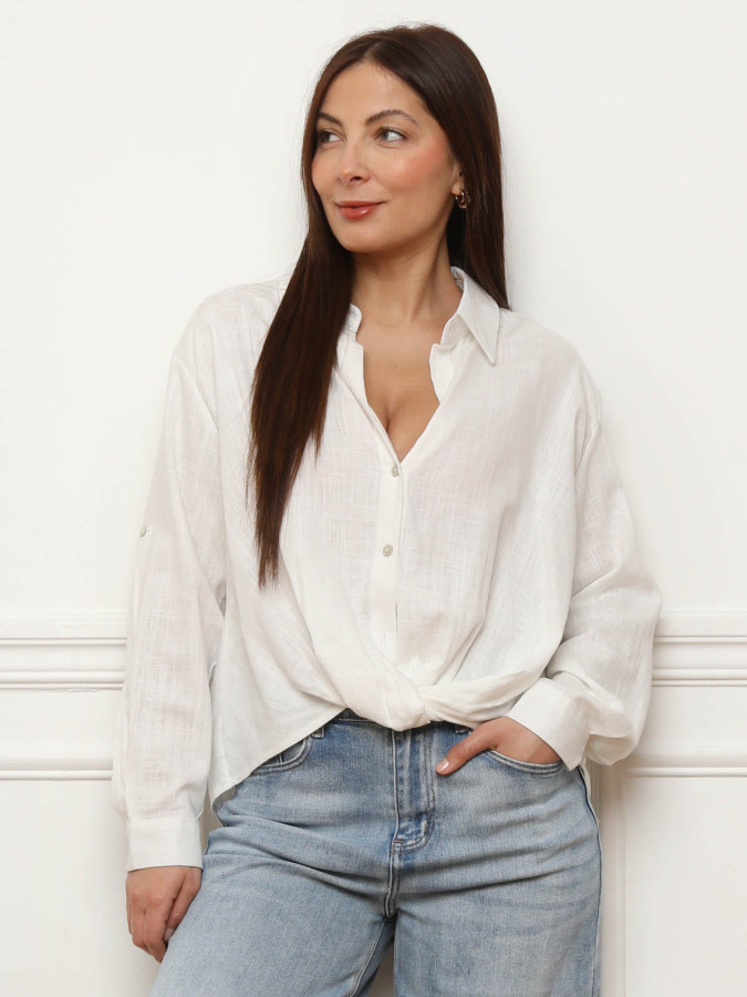 Chemise froncée en lin texturé blanche