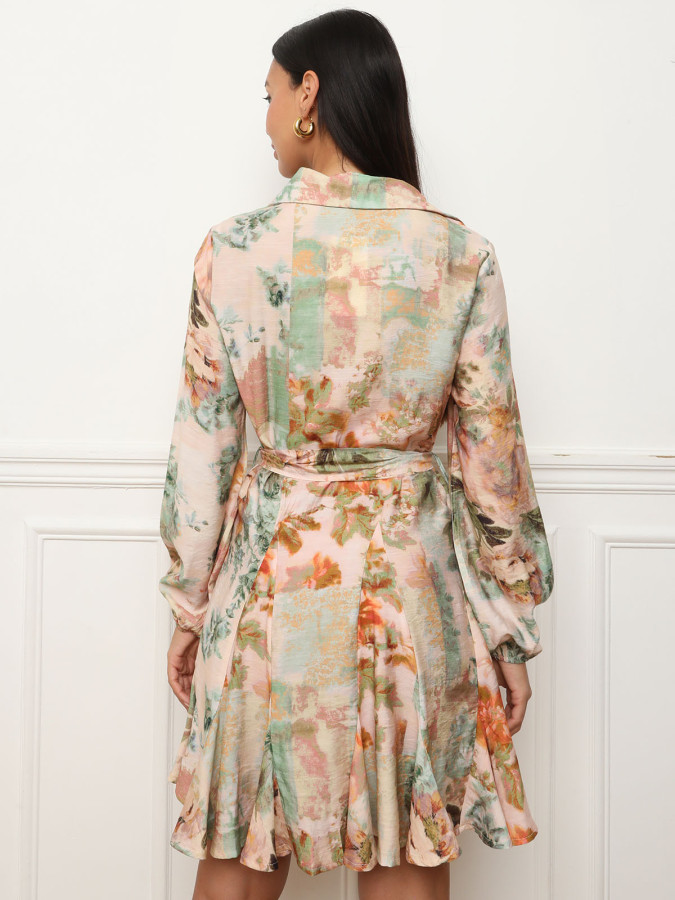 Robe chemise évasée à motif floral beige