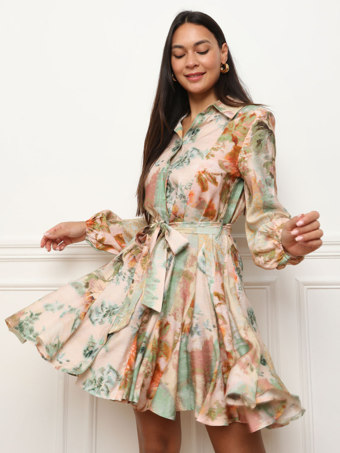 Robe chemise évasée à motif floral beige