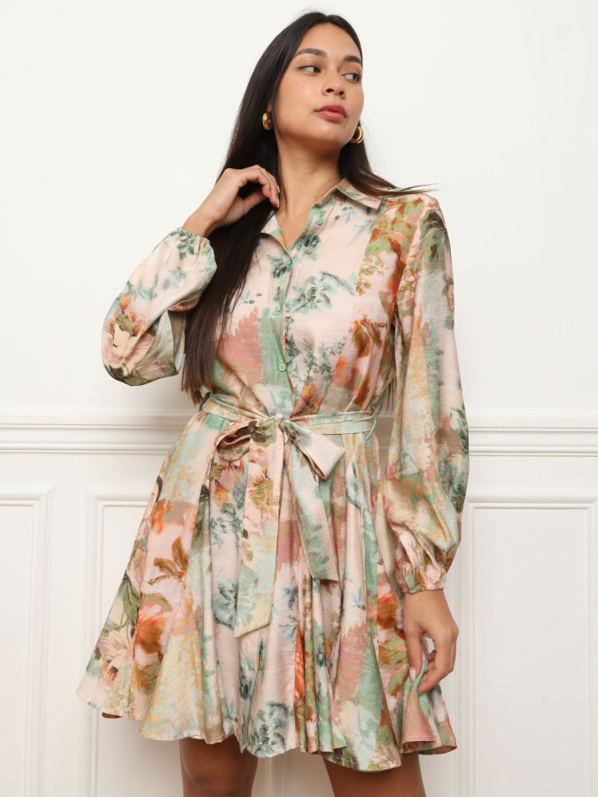 Robe chemise évasée à motif floral beige