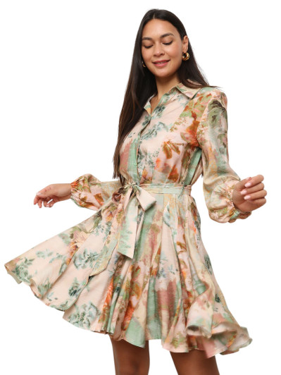 Robe chemise évasée à motif floral beige