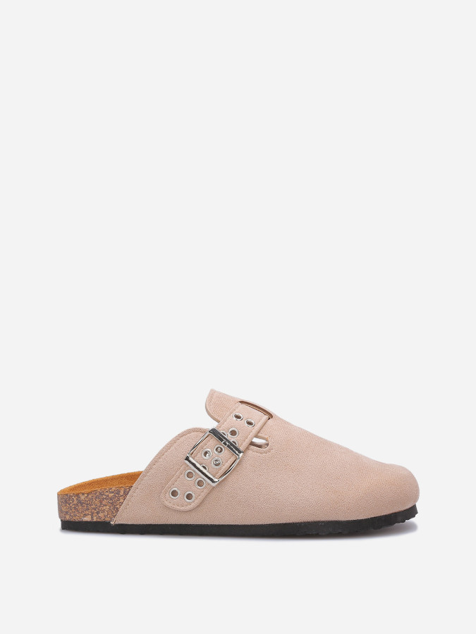 Mules en suédine à bride et boucle beiges