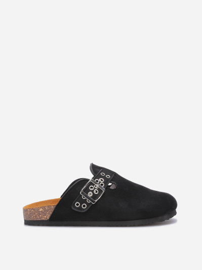 Mules en suédine à bride et boucle noires