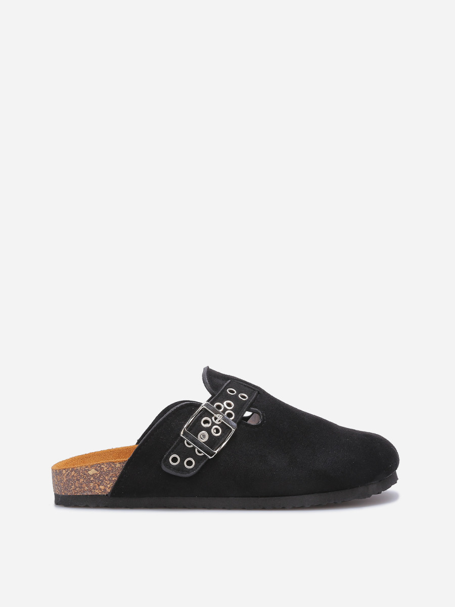 Mules en suédine à bride et boucle noires