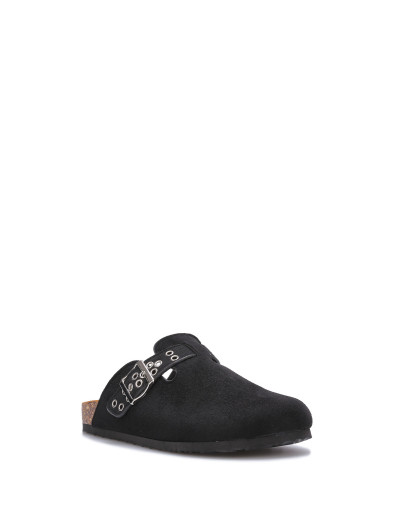 Mules en suédine à bride et boucle noires