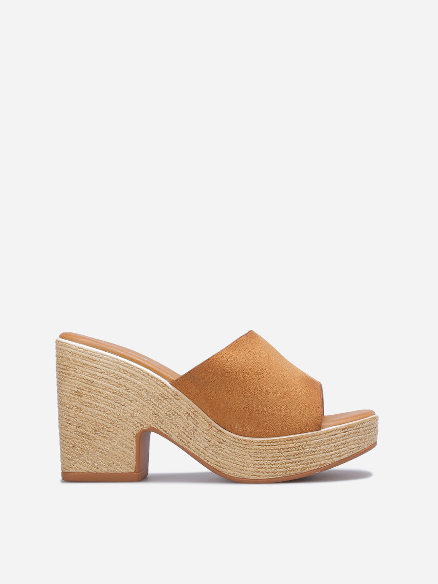 Mules en suédine à talon plateforme camel