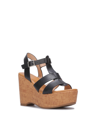 Sandales compensées à brides en simili noires