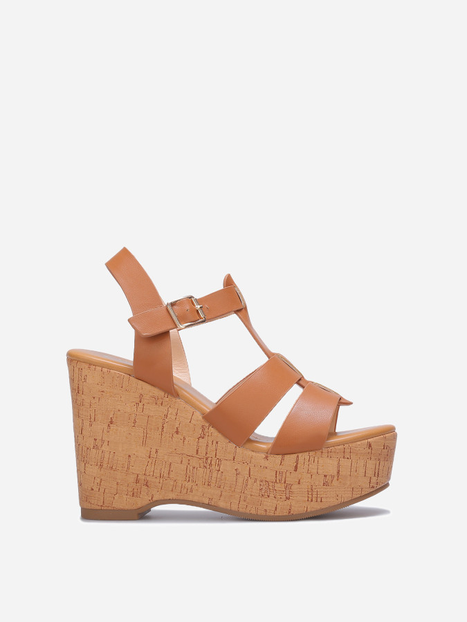 Sandales compensées à brides en simili camel